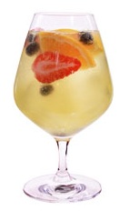 Sparkling Acai Sangria - The Sparkling Acai Sangria drink is made from VeeV acai spirit, St. Germain elderflower liqueur, orange juice and champagne, and served in a brandy snifter.