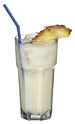 Casablanca - The Casablanca drink is made from white rum, Malibu Coconut Rum, milk, pineapple juice and grenadine, and served in a highball glass.